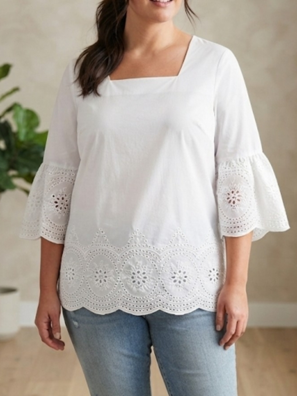White Eyelet Square-Neck Tunic Top